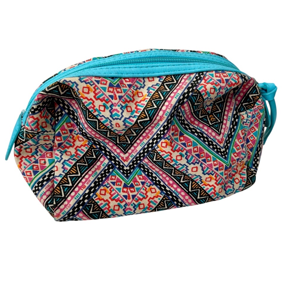 Small Toiletry Bag - Blue Zipper - Geo Design - Black Pink Red Blue Cream Orange